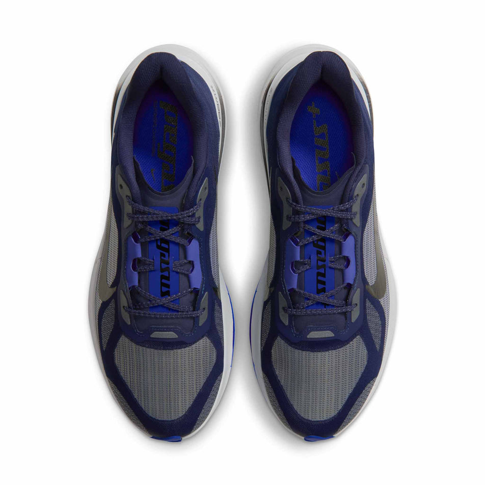 The uppers of a pair of Nike Men's Pegasus Plus 2 Road Running Shoes in the Midnight Navy/Black-Racer Blue-Grey Mist colourway.