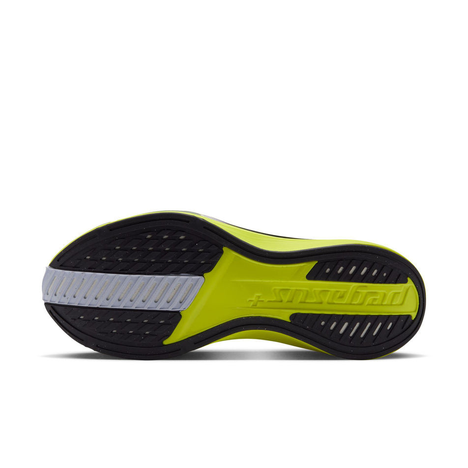The outsole of the left shoe from a pair of Nike Women's Pegasus Plus 2 Road Running Shoes in the Fennel/Gridiron-Lemon Venom colourway.
