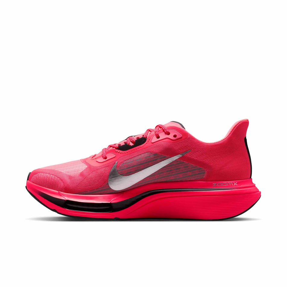 Medial view of the right shoe from a pair of Nike Women's Pegasus Plus 2 Road Running Shoes in the Flash Crimson/Metallic Silver-Black colourway.