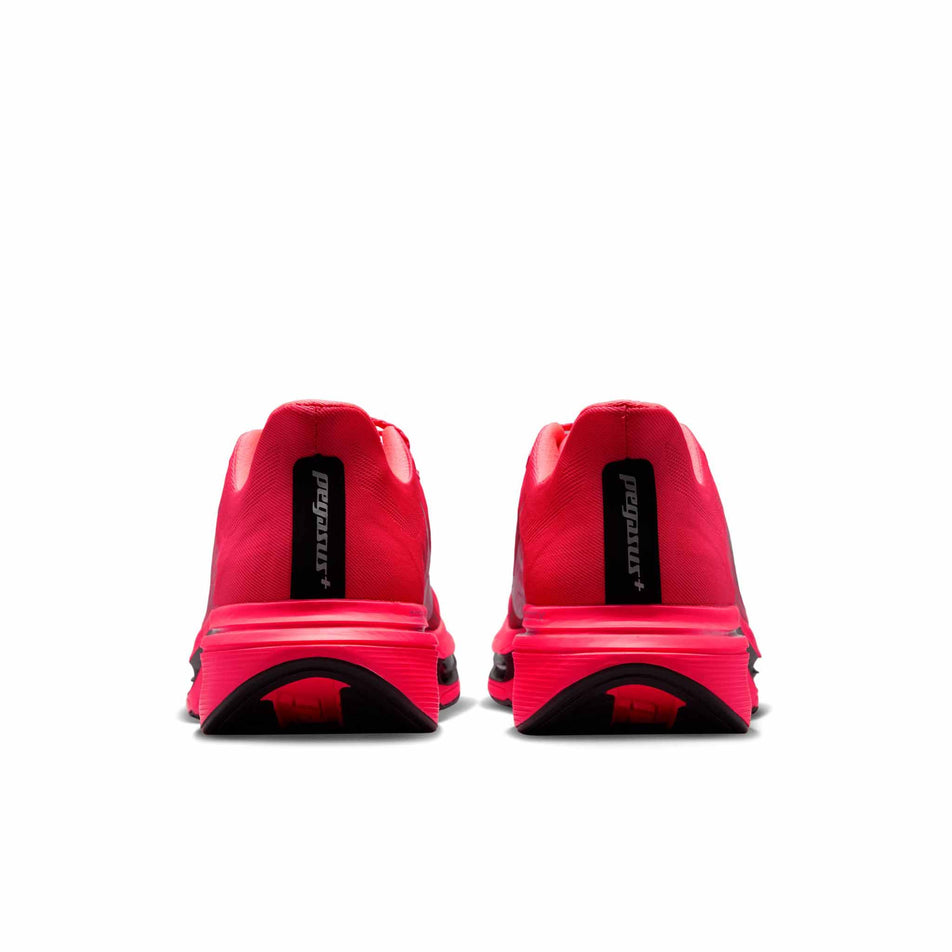 The back of a pair of Nike Women's Pegasus Plus 2 Road Running Shoes in the Flash Crimson/Metallic Silver-Black colourway.