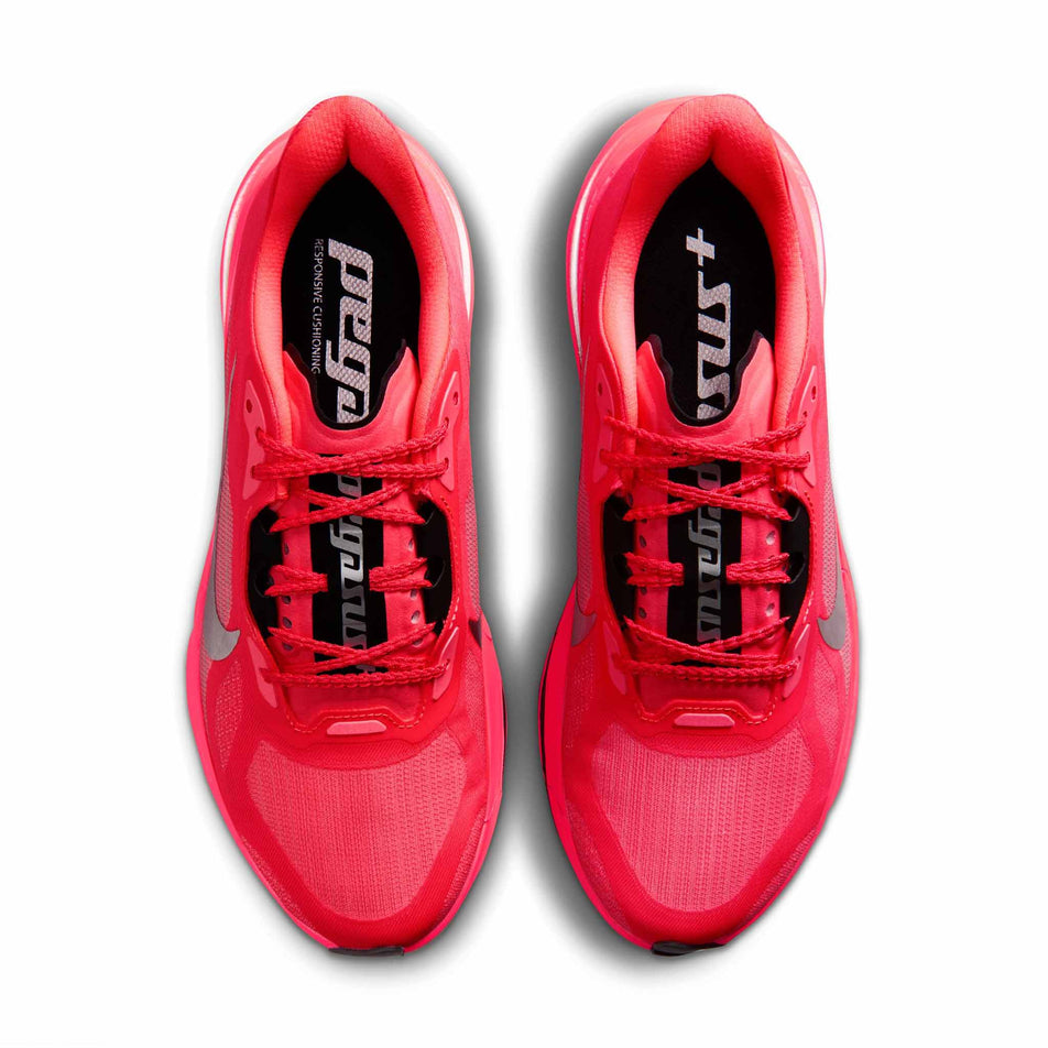 The uppers of a pair of Nike Women's Pegasus Plus 2 Road Running Shoes in the Flash Crimson/Metallic Silver-Black colourway.