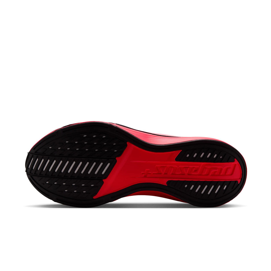 The outsole of the left shoe from a pair of Nike Women's Pegasus Plus 2 Road Running Shoes in the Flash Crimson/Metallic Silver-Black colourway.
