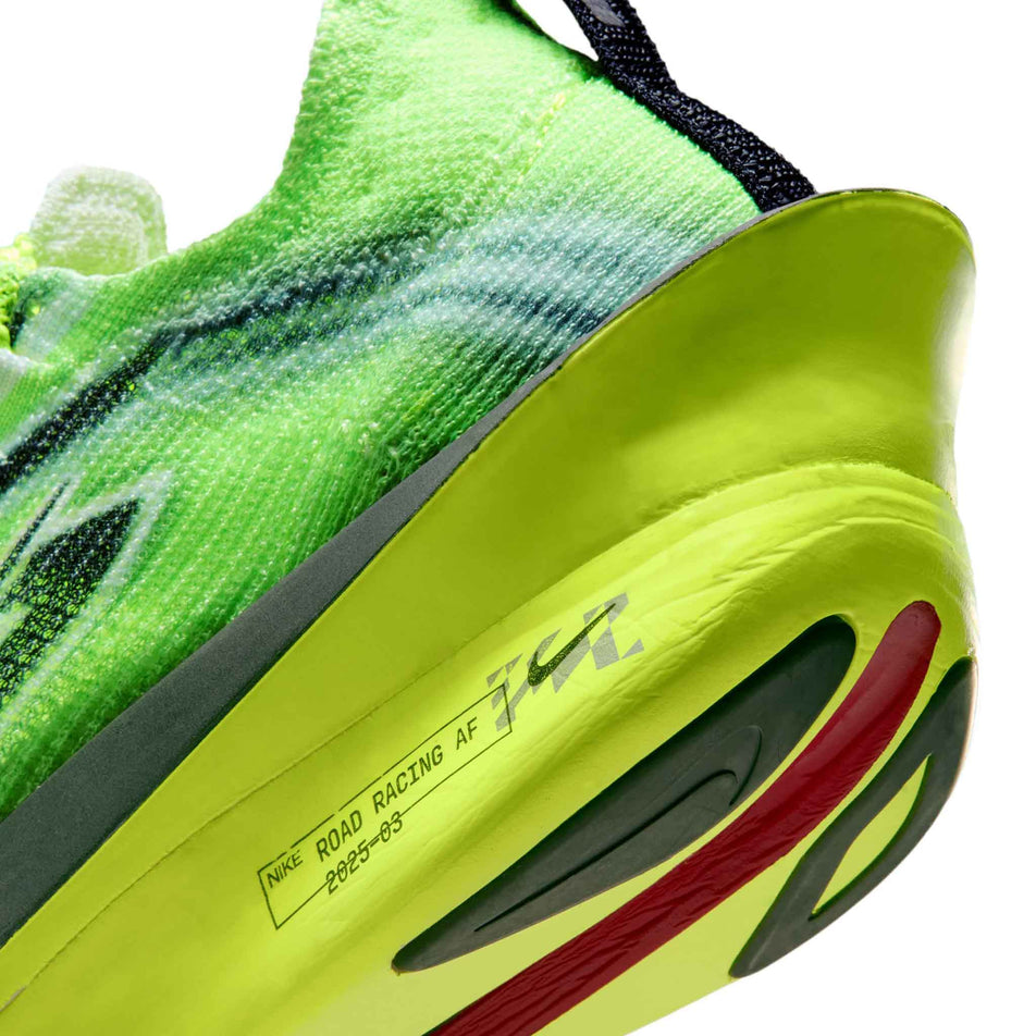 Close-up view of the midsole - outsole - of the left shoe from a pair of Nike Men's Alphafly 3 Road Racing Shoes in the Multi-Color/Black-Volt-White colourway. (8783793062050)