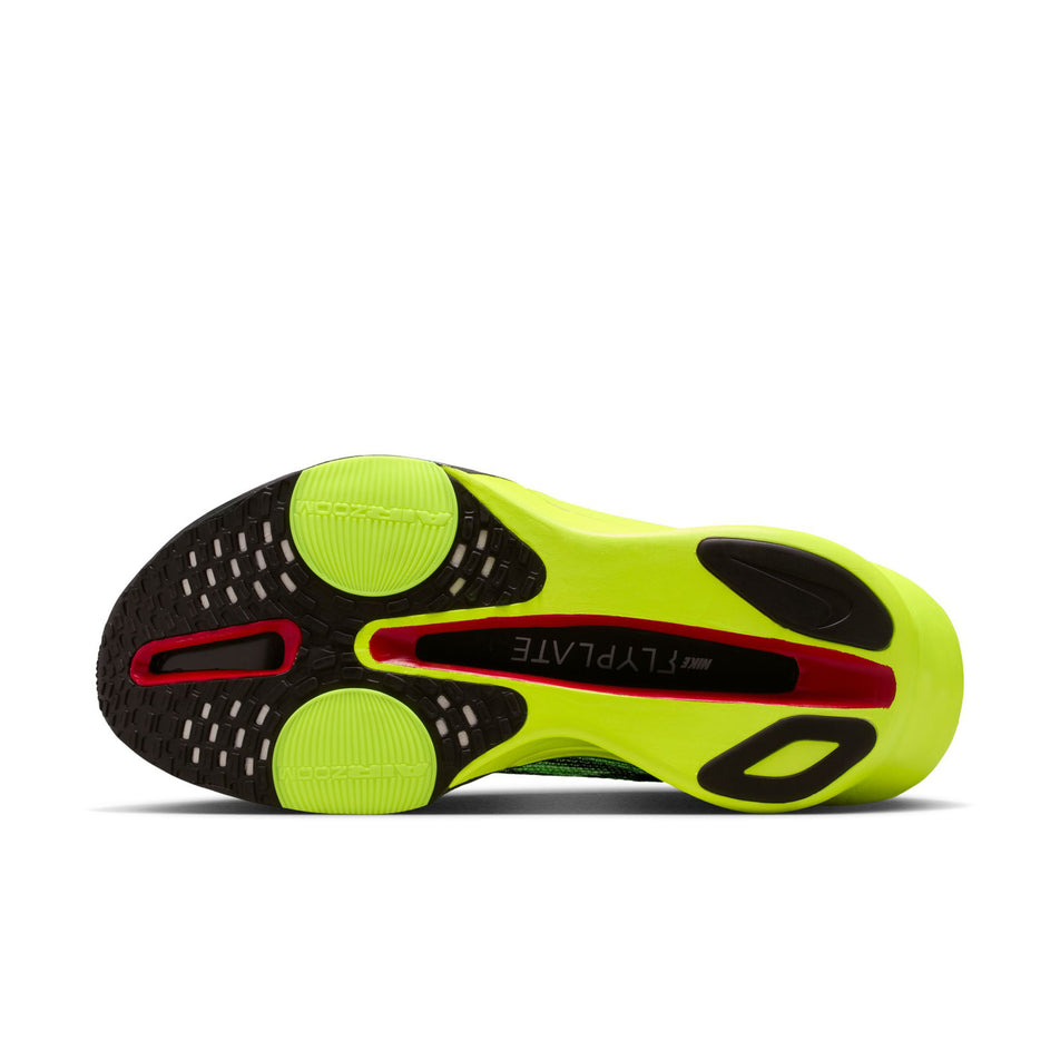 The outsole of the left shoe from a pair of Nike Men's Alphafly 3 Road Racing Shoes in the Multi-Color/Black-Volt-White colourway. (8783793062050)