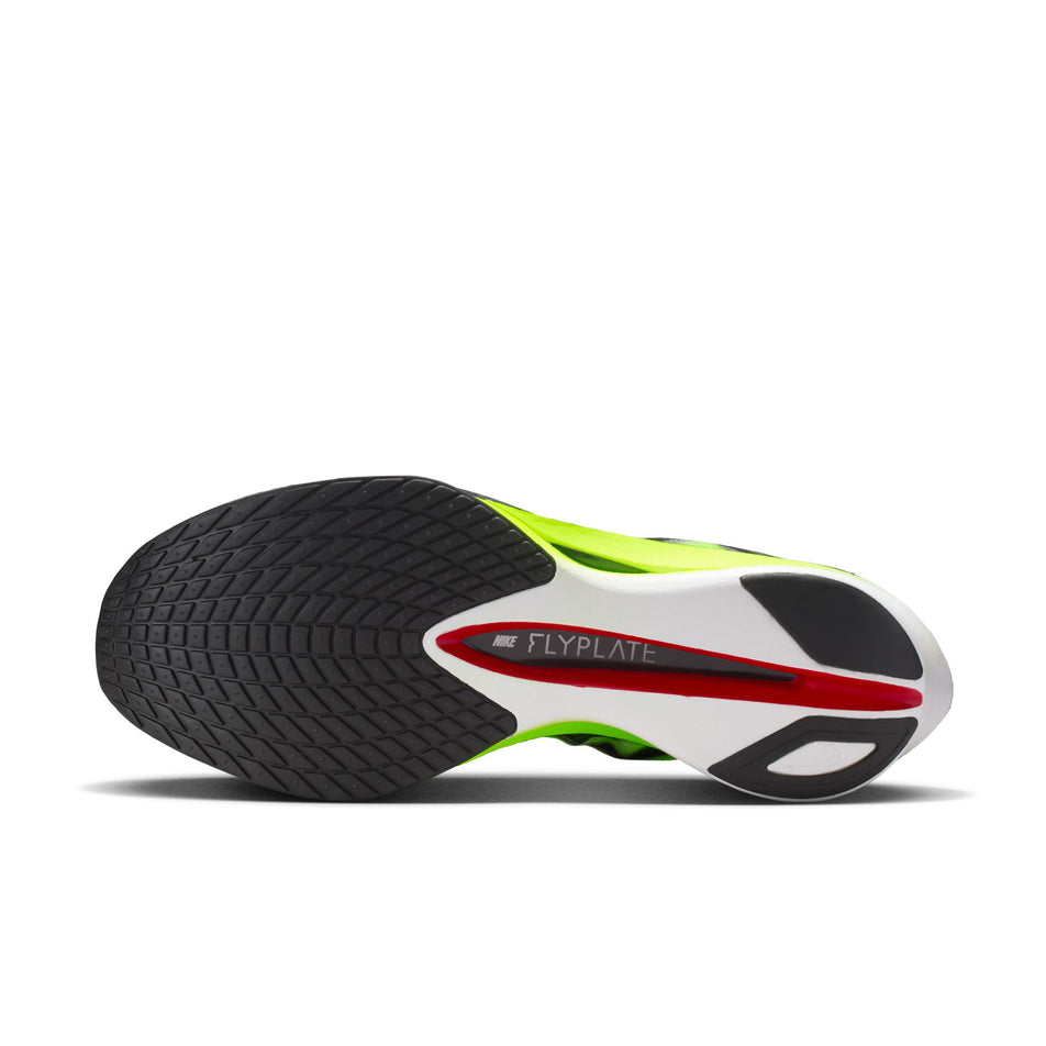 The outsole of the left shoe from a pair of Nike Men's Vaporfly 4 Road Racing Shoes in the Multi-Color/Black-Volt-White colourway. (8791535026338)