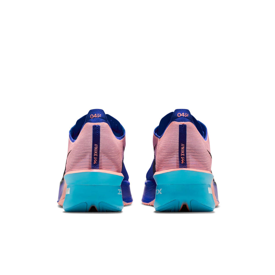 The back of a pair of Nike Men's Vaporfly 4 Road Racing Shoes in the Racer Blue/White-Blue Lightning colourway.