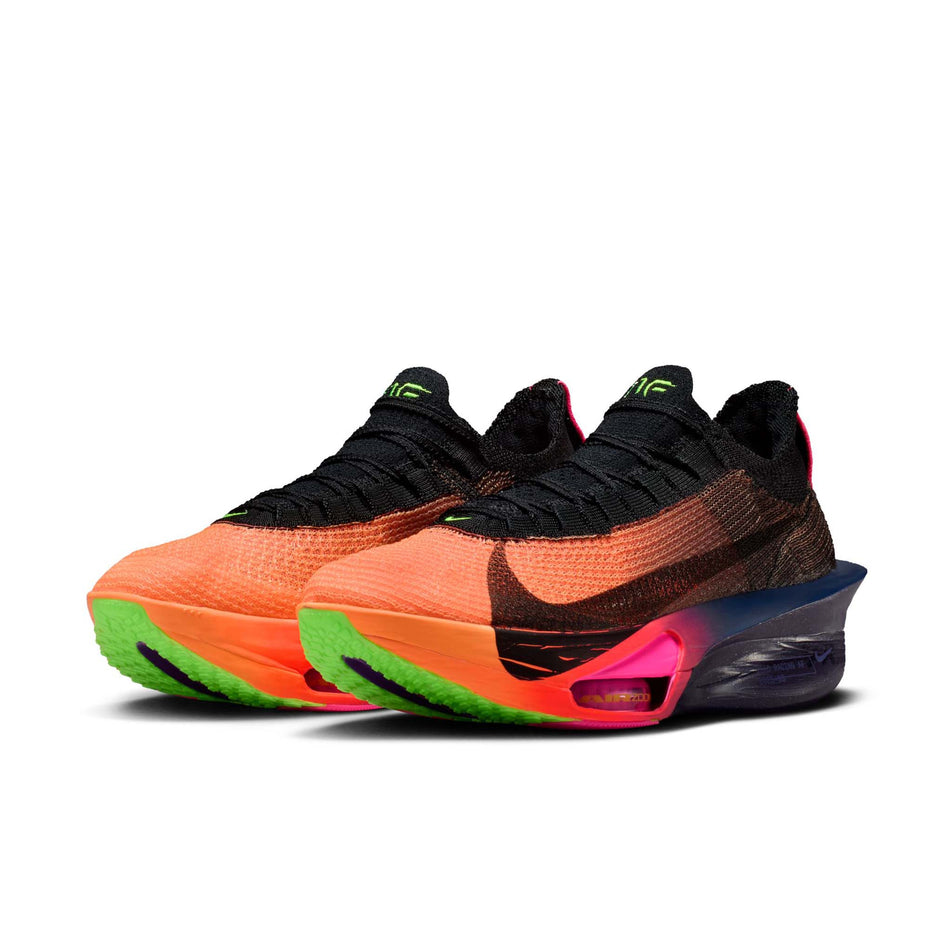 A pair of Nike Women's Alphafly 3 Road Racing Shoes in the Orange Pulse/Black-Purple Dynasty colourway.
