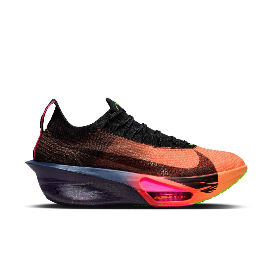 Lateral view of the right shoe from a pair of Nike Women's Alphafly 3 Road Racing Shoes in the Orange Pulse/Black-Purple Dynasty colourway. 