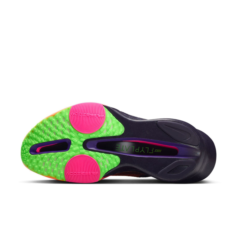 The outsole of the left shoe from a pair of Nike Women's Alphafly 3 Road Racing Shoes in the Orange Pulse/Black-Purple Dynasty colourway.