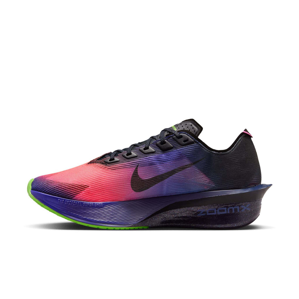 Medial view of the right shoe from a pair of Nike Women's Vaporfly 4 Road Racing Shoes in the Dark Obsidian/Black-Purple Dynasty colourway.