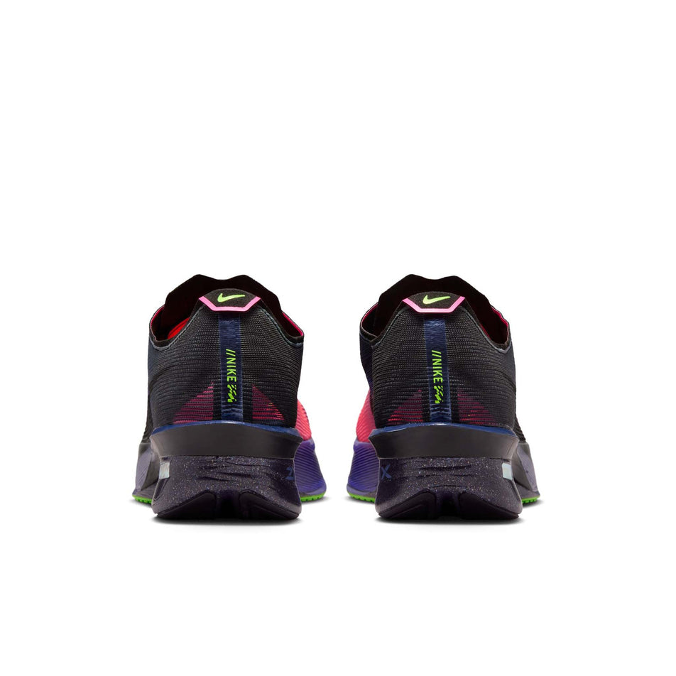 The back of a pair of Nike Women's Vaporfly 4 Road Racing Shoes in the Dark Obsidian/Black-Purple Dynasty colourway.