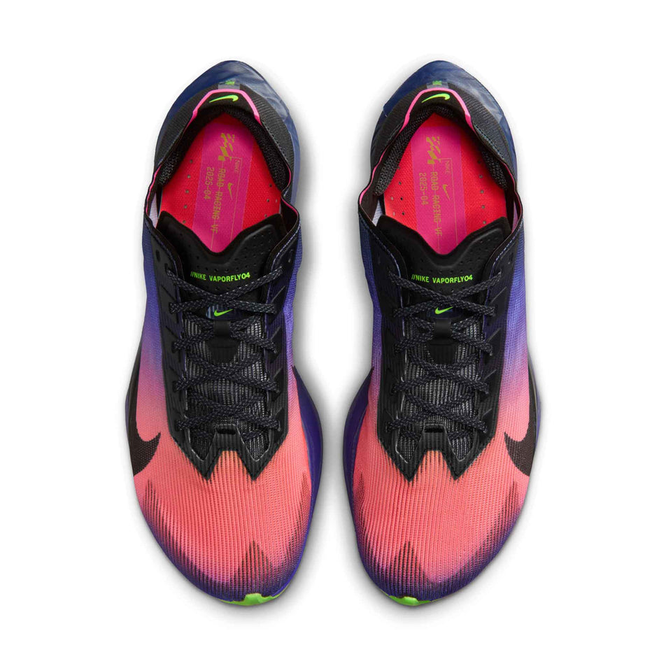 The uppers of a pair of Nike Women's Vaporfly 4 Road Racing Shoes in the Dark Obsidian/Black-Purple Dynasty colourway.