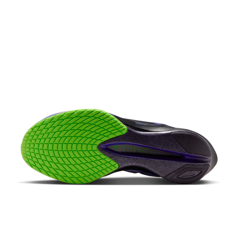 The outsole of the left shoe from a pair of Nike Women's Vaporfly 4 Road Racing Shoes in the Dark Obsidian/Black-Purple Dynasty colourway.
