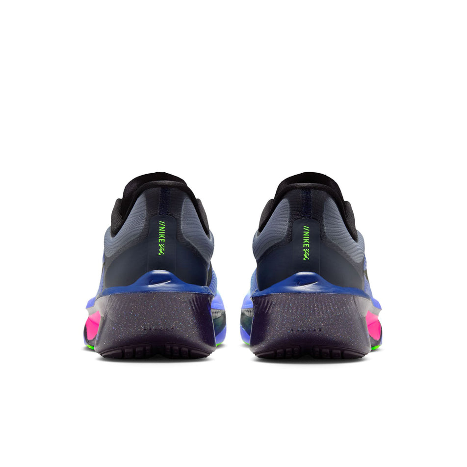 The back of a pair of Nike Women's Zoom Fly 6 Road Running Shoes in the Dark Obsidian/Black-Racer Blue colourway.