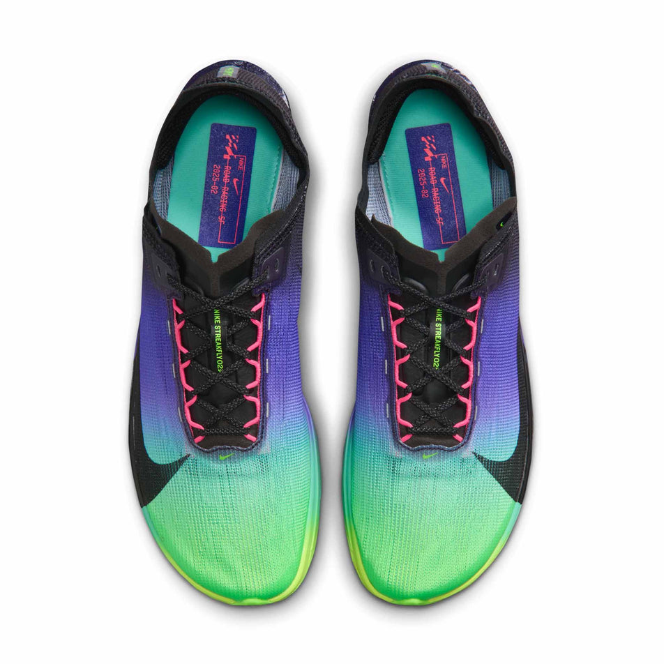 The uppers of a pair of Nike Men's Streakfly 2 Glam Road Racing Shoes in the Dark Obsidian/Black-Electric Green colourway.