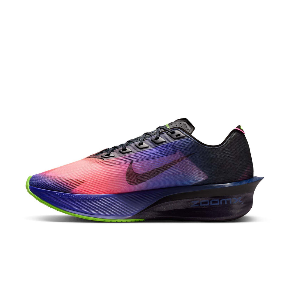 Medial view of the right shoe from a pair of Nike Men's Vaporfly 4 Glam Road Racing Shoes in the Dark Obsidian/Black-Purple Dynasty colourway.