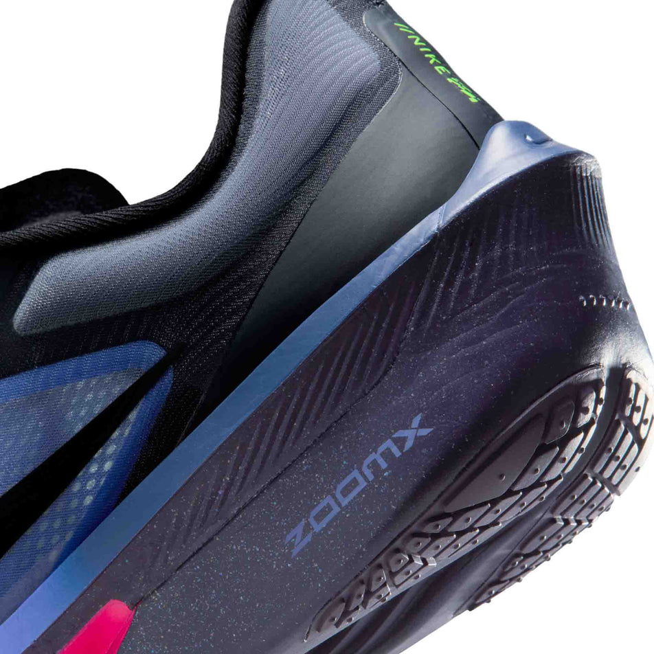 Close-up view of the rearfoot section of the left shoe from a pair of Nike Men's Zoom Fly 6 Road Running Shoes in the Dark Obsidian/Black-Racer Blue colourway.