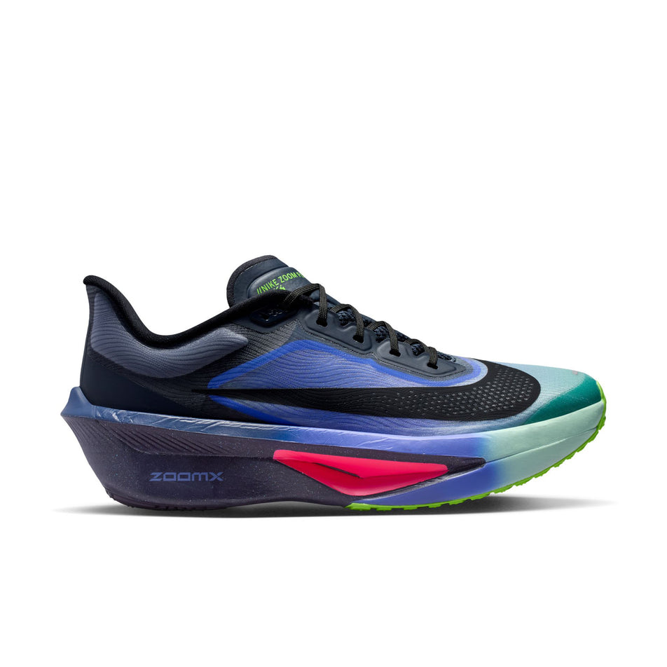 Lateral view of the right shoe from a pair of Nike Men's Zoom Fly 6 Road Running Shoes in the Dark Obsidian/Black-Racer Blue colourway.