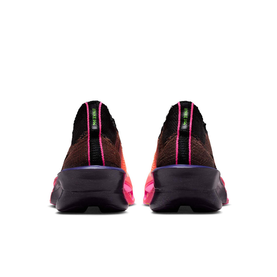 The back of a pair of Nike Men's Alphafly 3 Road Racing Shoes in the Orange Pulse/Black-Purple Dynasty colourway.
