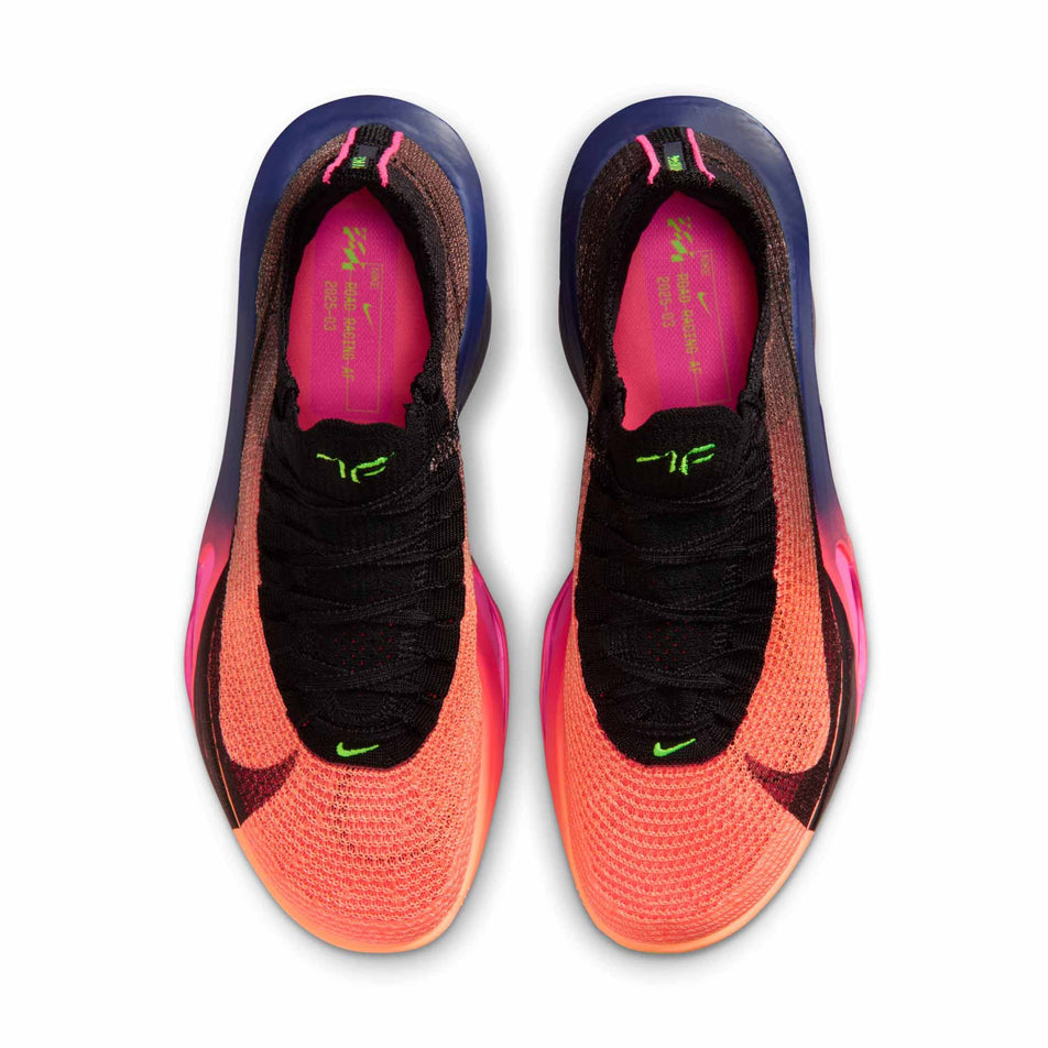 The uppers of a pair of Nike Men's Alphafly 3 Road Racing Shoes in the Orange Pulse/Black-Purple Dynasty colourway.