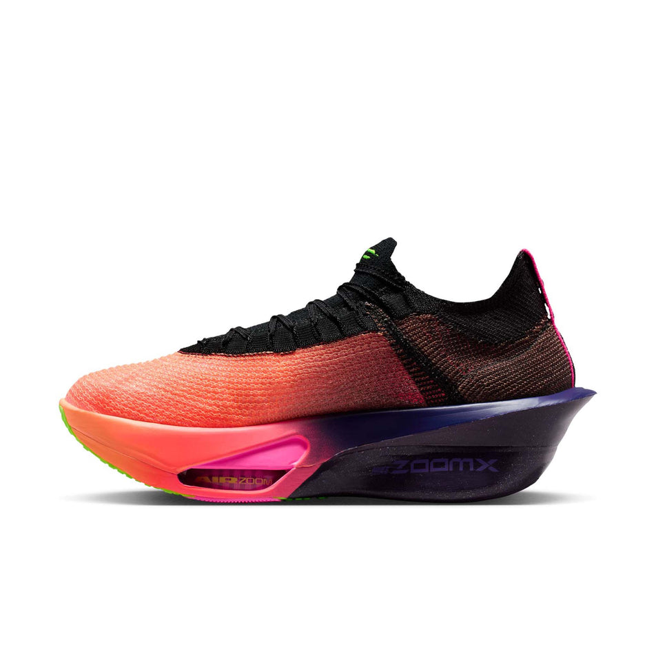 Medial view of the right shoe from a pair of Nike Men's Alphafly 3 Road Racing Shoes in the Orange Pulse/Black-Purple Dynasty colourway.