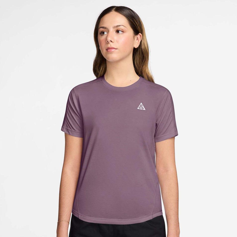 Front view of the Nike Women's ACG Dri-FIT Short-Sleeve Trail Running Top in the Violet Dust/Summit White colourway.
