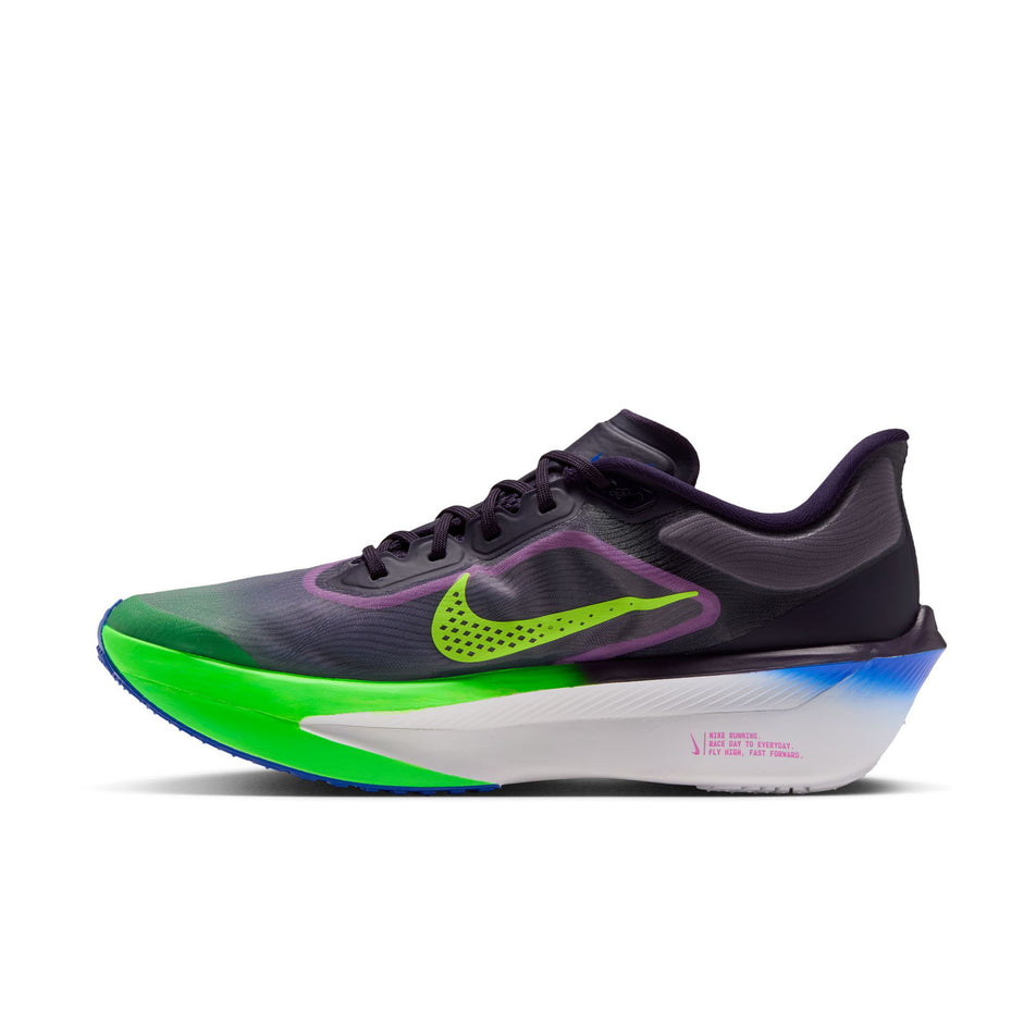 Medial view of the right shoe from a pair of Nike Men's Zoom Fly 6 Road Running Shoes in the Purple Dynasty/Volt-Fuchsia Dream colourway.