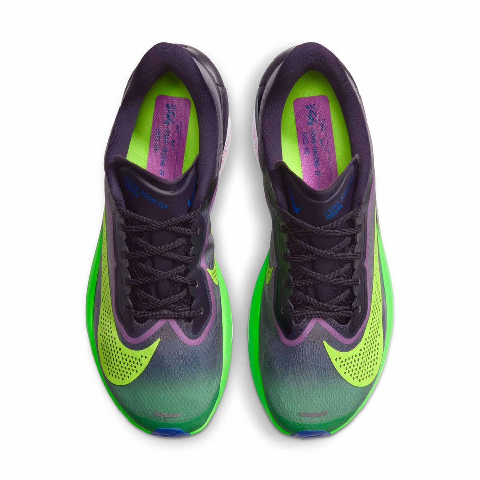 The uppers of a pair of Nike Men's Zoom Fly 6 Road Running Shoes in the Purple Dynasty/Volt-Fuchsia Dream colourway.