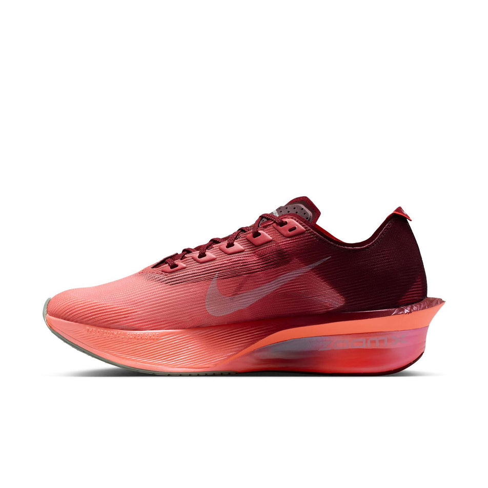 Medial view of the right shoe from a pair of Nike Women's Vaporfly 4 SE Road Racing Shoes in the Team Red/Barely Green-Atomic Pink colourway.
