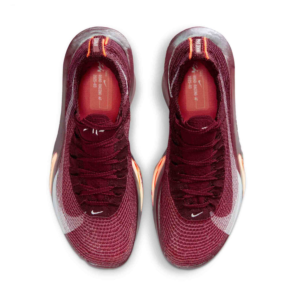 The uppers of a pair of Nike Women's Alphafly 3 Road Racing Shoes in the Team Red/Barely Green-Bright Crimson colourway.