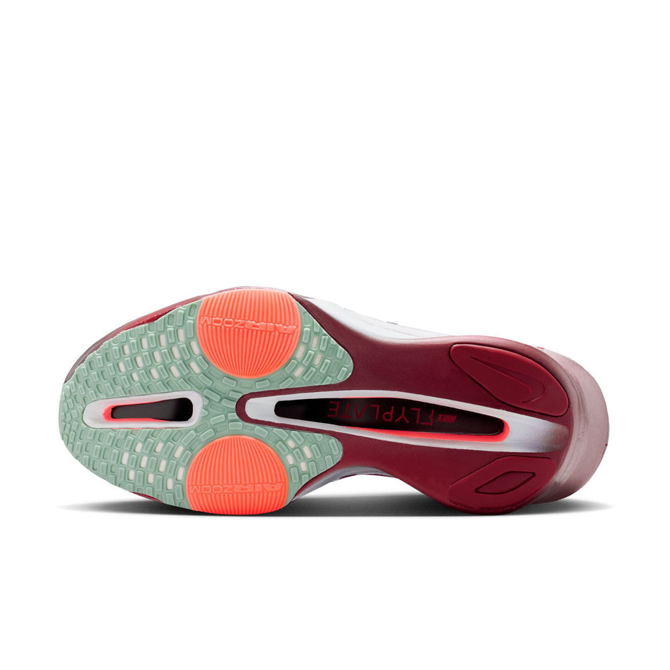The outsole of the left shoe from a pair of Nike Women's Alphafly 3 Road Racing Shoes in the Team Red/Barely Green-Bright Crimson colourway.