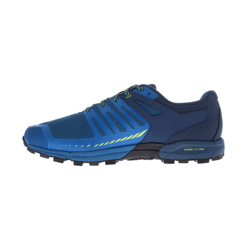 Medial side of the right shoe from a pair of inov-8 Men's Roclite G 275 V2 Running Shoes in the Blue/Navy/Lime colourway  (7744944275618)