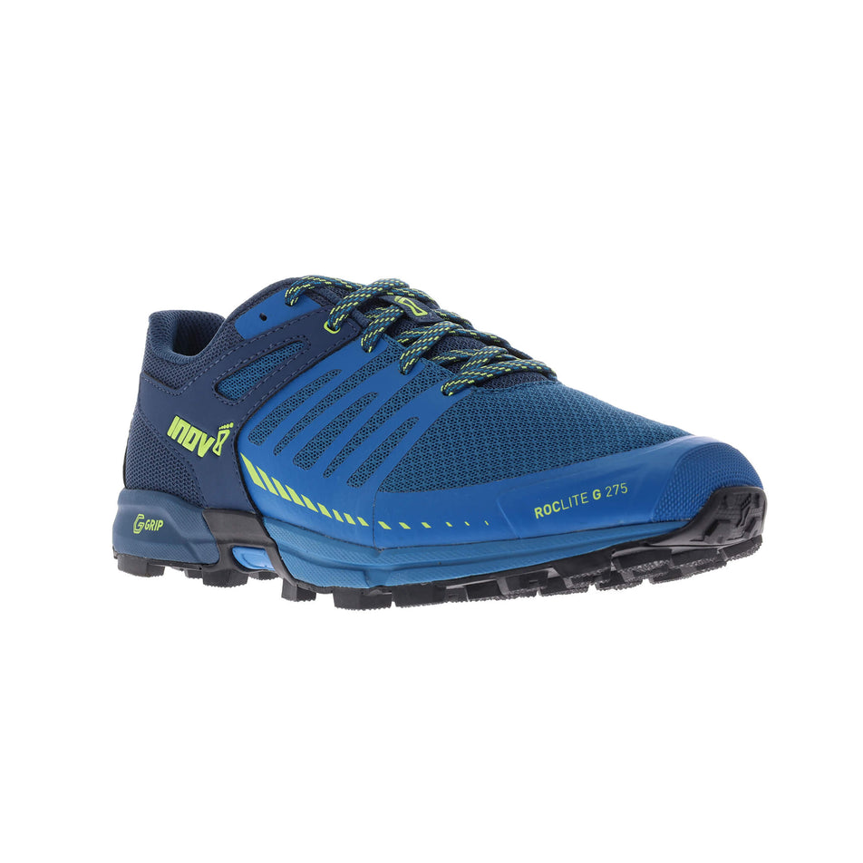 Lateral side of the right shoe from a pair of inov-8 Men's Roclite G 275 V2 Running Shoes in the Blue/Navy/Lime colourway  (7744944275618)