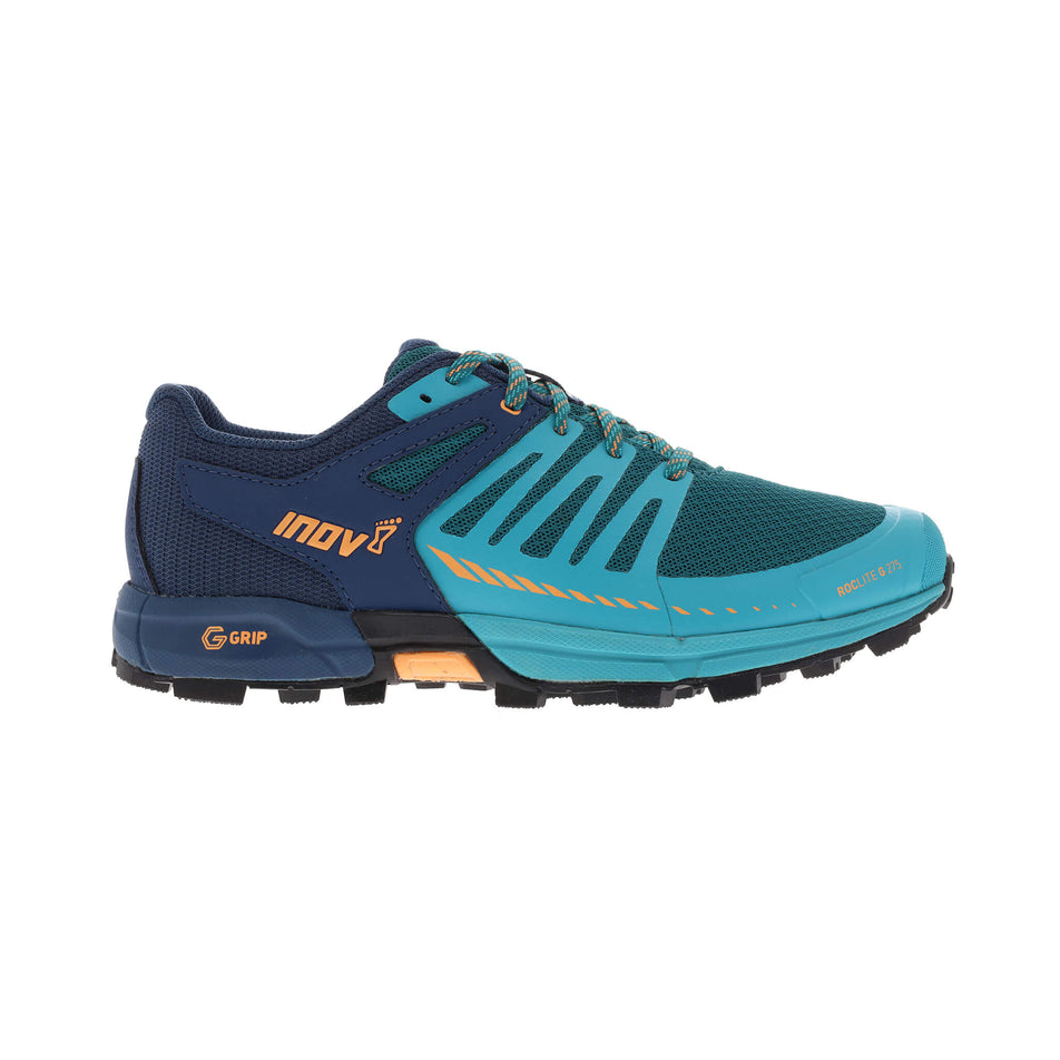 Lateral side of the right shoe from a pair of inov-8 Women's Roclite G 275 V2 Running Shoes in the Teal/Navy/Nectar colourway (7744944865442)