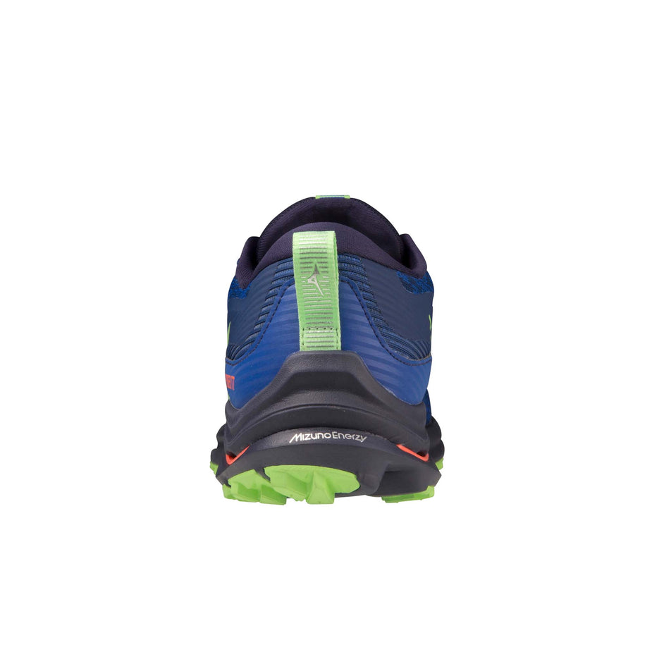 Back of the left shoe from a pair of Mizuno Wave Rider TT Running Shoes in the Blue Depths/Techno Green/Neon Flame colourway (7931071889570)