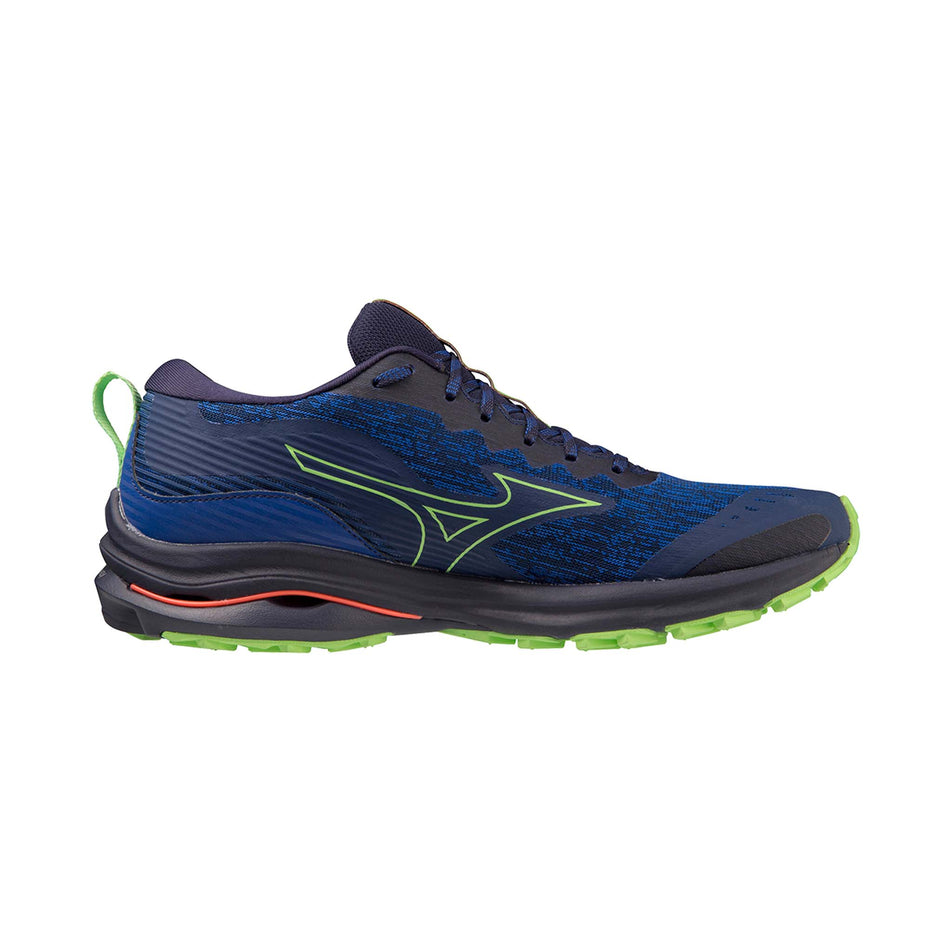 Medial side of the left shoe from a pair of Mizuno Wave Rider TT Running Shoes in the Blue Depths/Techno Green/Neon Flame colourway (7931071889570)