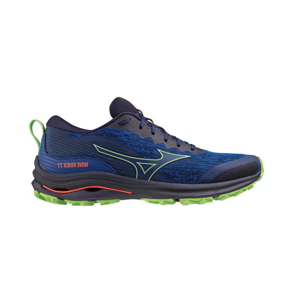 Lateral side of the right shoe from a pair of Mizuno Wave Rider TT Running Shoes in the  Blue Depths/Techno Green/Neon Flame colourway (7931071889570)