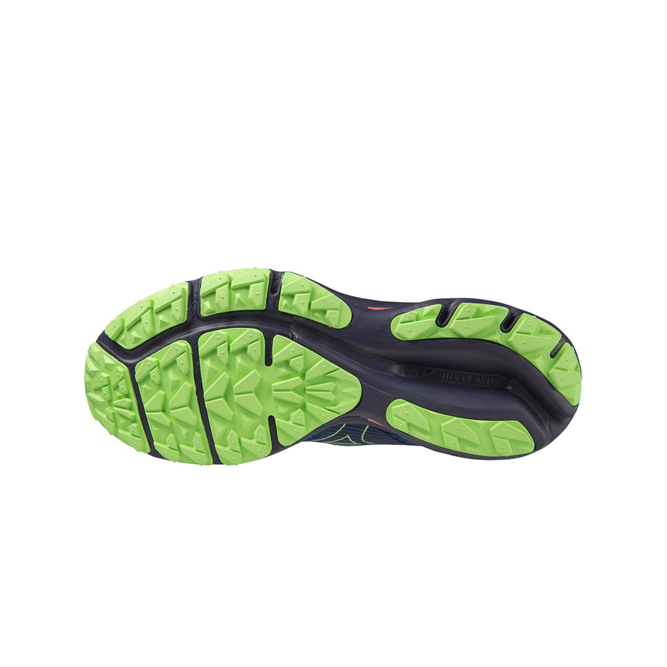 Outsole of the left shoe from a pair of Mizuno Wave Rider TT Running Shoes in the Blue Depths/Techno Green/Neon Flame colourway (7931071889570)