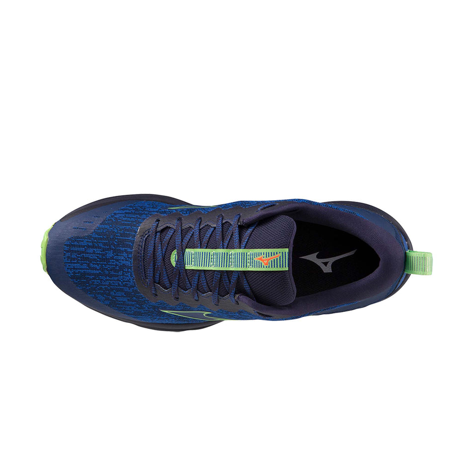 Upper of the left shoe from a pair of Mizuno Wave Rider TT Running Shoes in the Blue Depths/Techno Green/Neon Flame colourway (7931071889570)