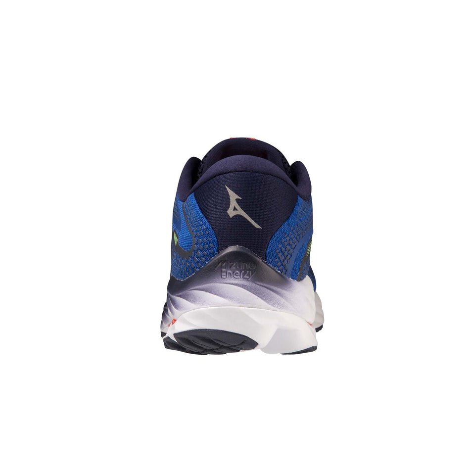 The heel of the left shoe from a pair of Mizuno Men's Wave Rider 27 Running Shoes in the Surf the Web/White/Neon Flame colourway (7926842491042)