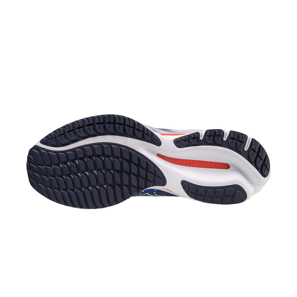 Outsole of the left shoe from a pair of Mizuno Men's Wave Rider 27 Running Shoes in the Surf the Web/White/Neon Flame colourway (7926842491042)