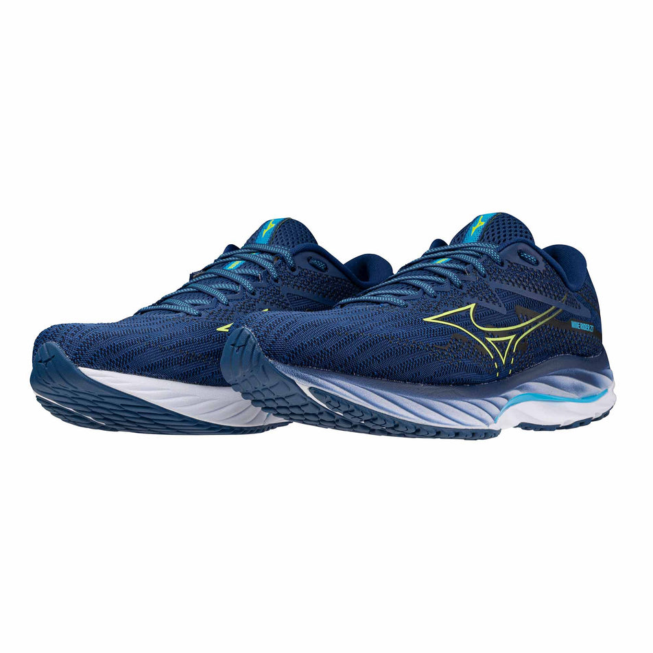 A pair of Mizuno Wave Rider 27 Running Shoes in the Navy Peony/Sharp Green/Swim Cap colourway (8121673023650)