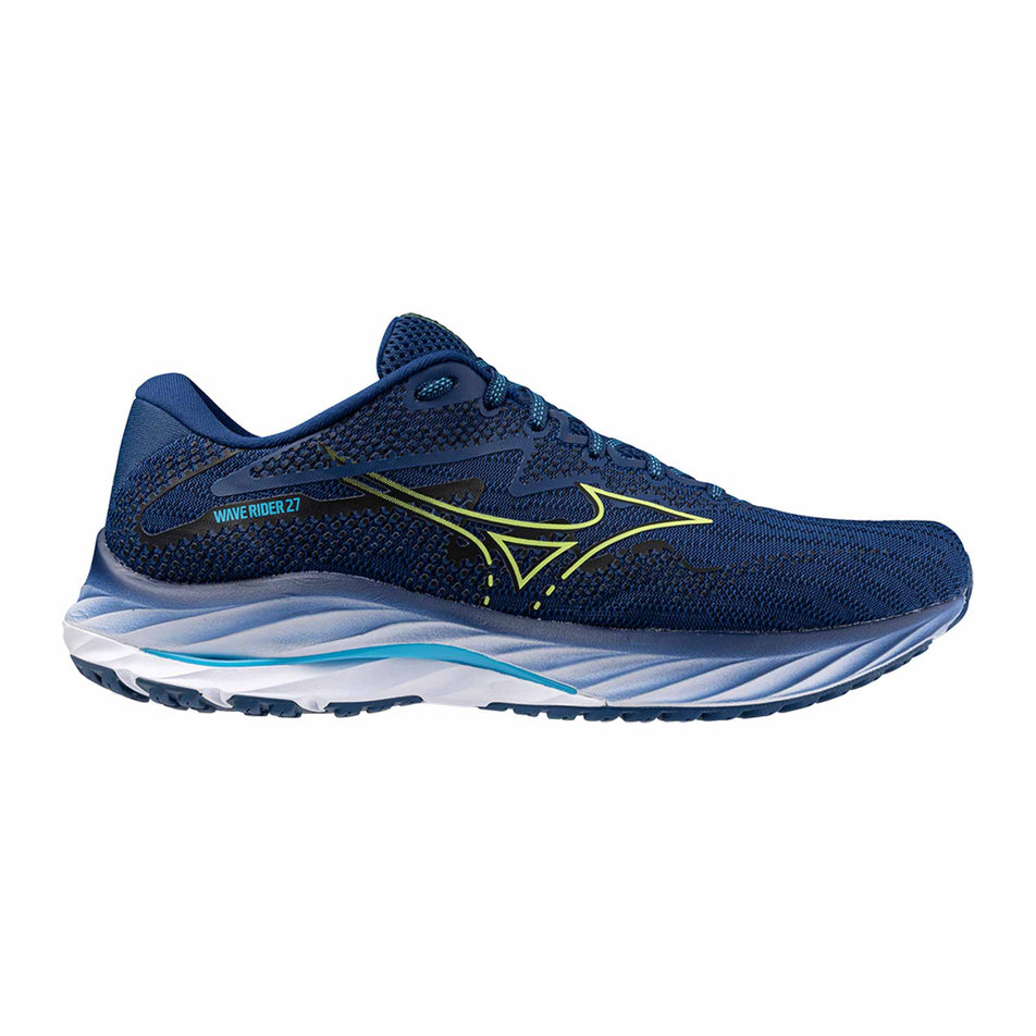 Lateral side of the right shoe from a pair of Mizuno Wave Rider 27 Running Shoes in the Navy Peony/Sharp Green/Swim Cap colourway (8121673023650)