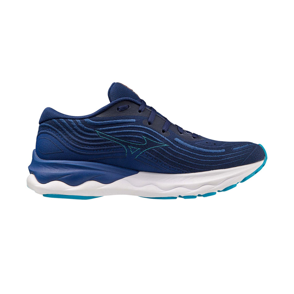 Medial side of the left shoe from a pair of Mizuno Men's Wave Skyrise 4 Running Shoes in the Blue Depths/Hawaiian Ocean/Neon Flame colourway (7983449505954)