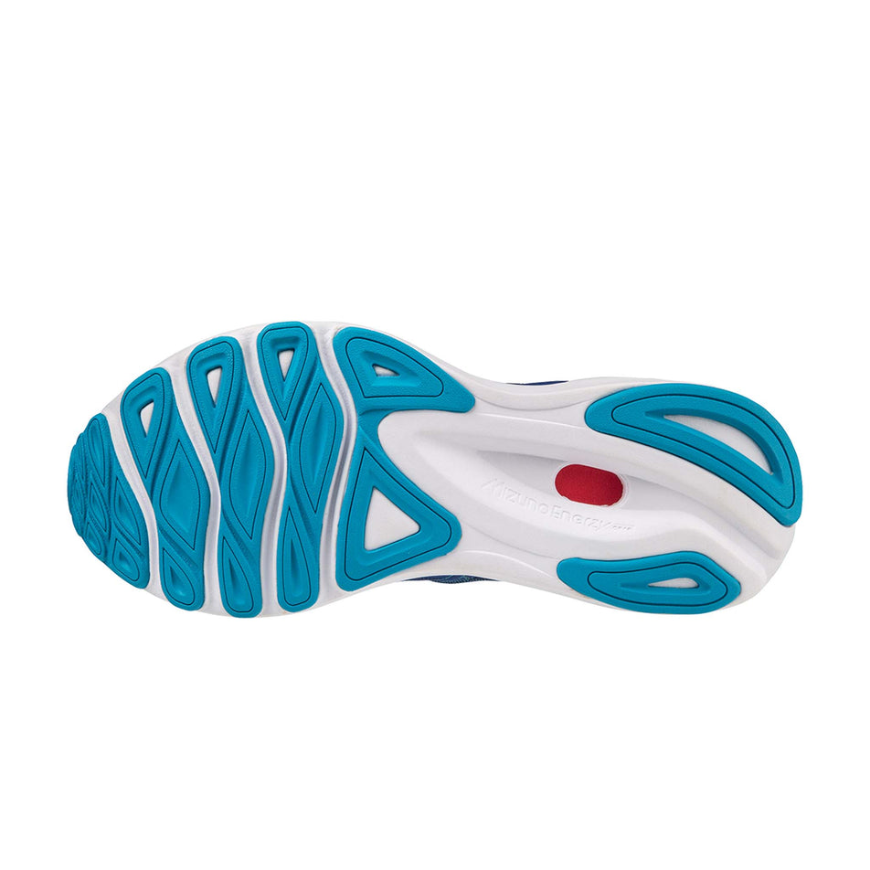 Outsole of the left shoe from a pair of Mizuno Men's Wave Skyrise 4 Running Shoes in the Blue Depths/Hawaiian Ocean/Neon Flame colourway (7983449505954)