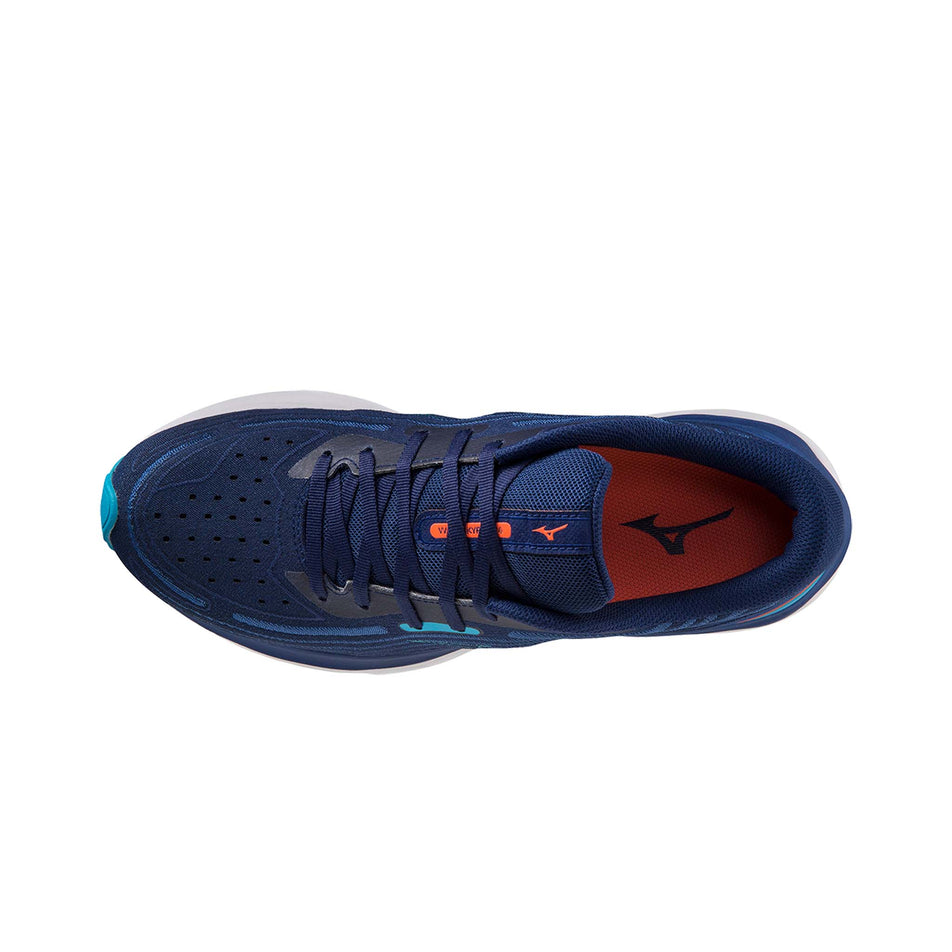 Upper of the left shoe from a pair of Mizuno Men's Wave Skyrise 4 Running Shoes in the Blue Depths/Hawaiian Ocean/Neon Flame colourway (7983449505954)