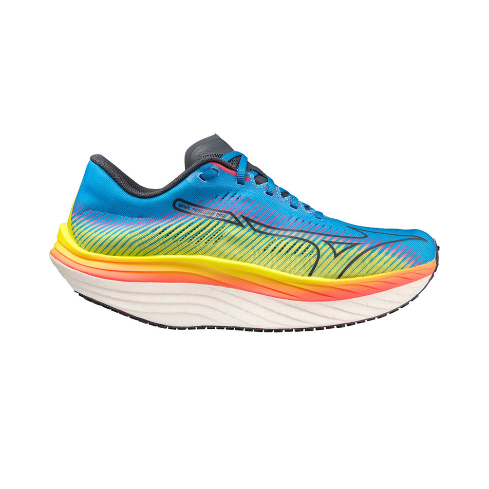 Lateral side of the right shoe from a pair of Mizuno Men's Wave Rebellion Pro Running Shoes in the Bolt 2 (Neon)/Ombre Blue/Jet Blue colourway (7983503343778)