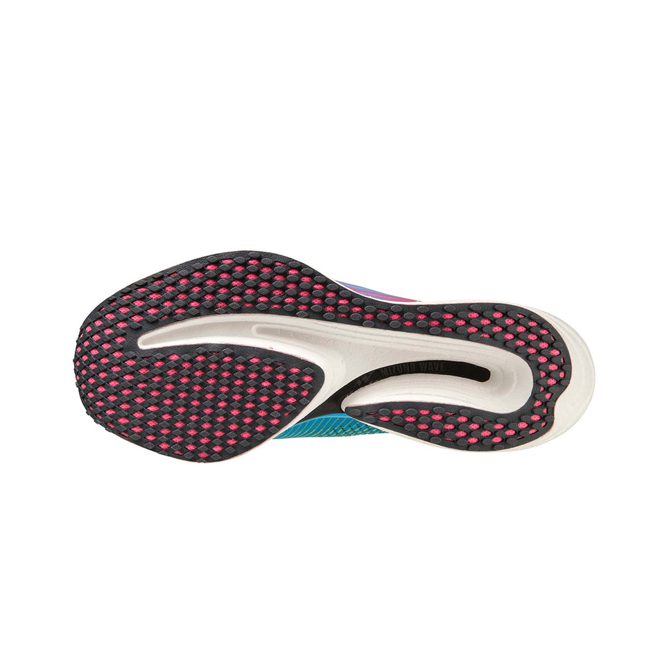 Outsole of the left shoe from a pair of Mizuno Men's Wave Rebellion Pro Running Shoes in the Bolt 2 (Neon)/Ombre Blue/Jet Blue colourway (7983503343778)