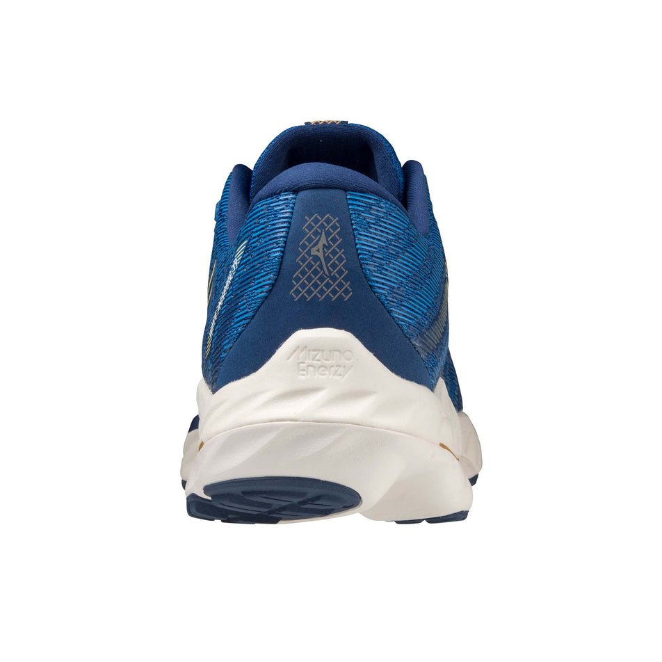The back of the left shoe from a pair of Mizuno Men's Wave Inspire 19 Running Shoes in the Blue colourway. (8077132267682)