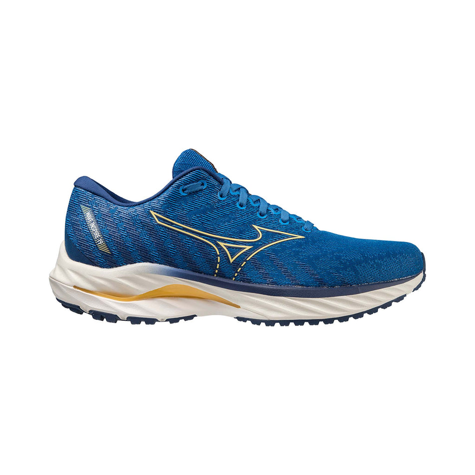 Lateral side of the right shoe from a pair of Mizuno Men's Wave Inspire 19 Running Shoes in the Blue colourway. (8077132267682)